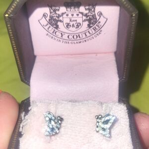 JUICY COUTURE VTG NEW Y2K SMALL BUTTERFLY SILVER CZ EARRINGS W/CROWN BACKINGS